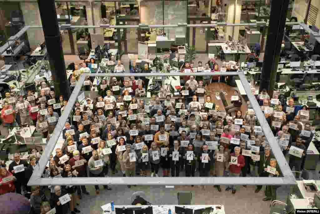RFE/RL staff in the current Prague headquarters campaign for the release of their colleague Alsu Kurmasheva from a Russian prison in 2023.Seventy-five years on from its founding, RFE/RL is currently fighting White House efforts to shut down the organization.