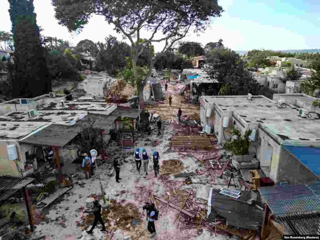An aerial view shows the aftermath of the Hamas attack on the Kibbutz Kfar Aza in southern Israel.