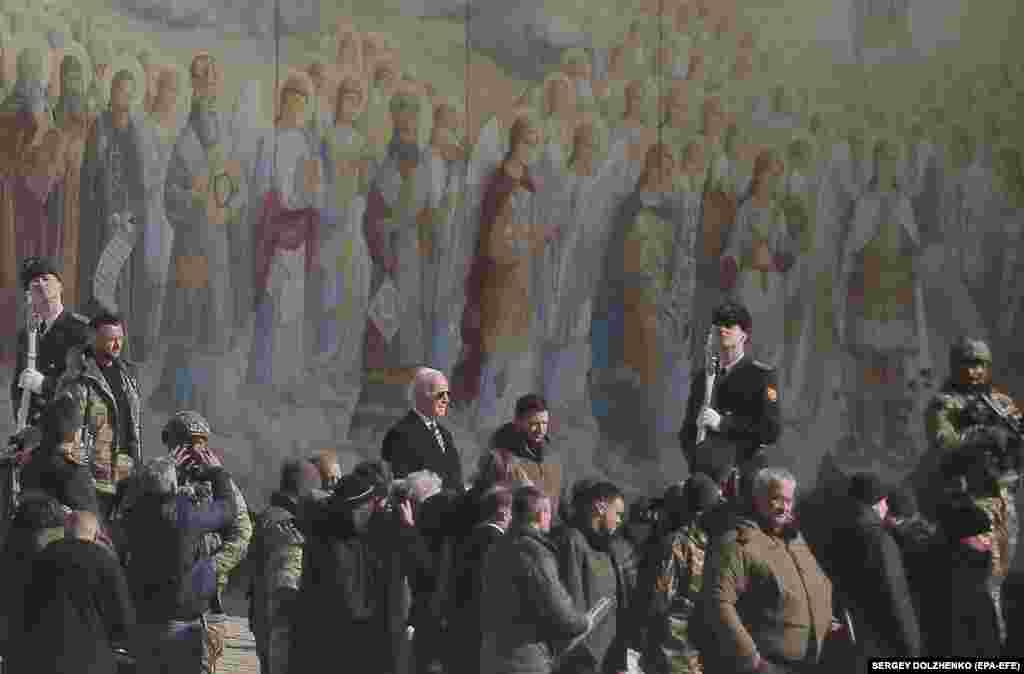 During the visit, Zelenskiy took Biden on a sightseeing tour of St. Michael's Cathedral.