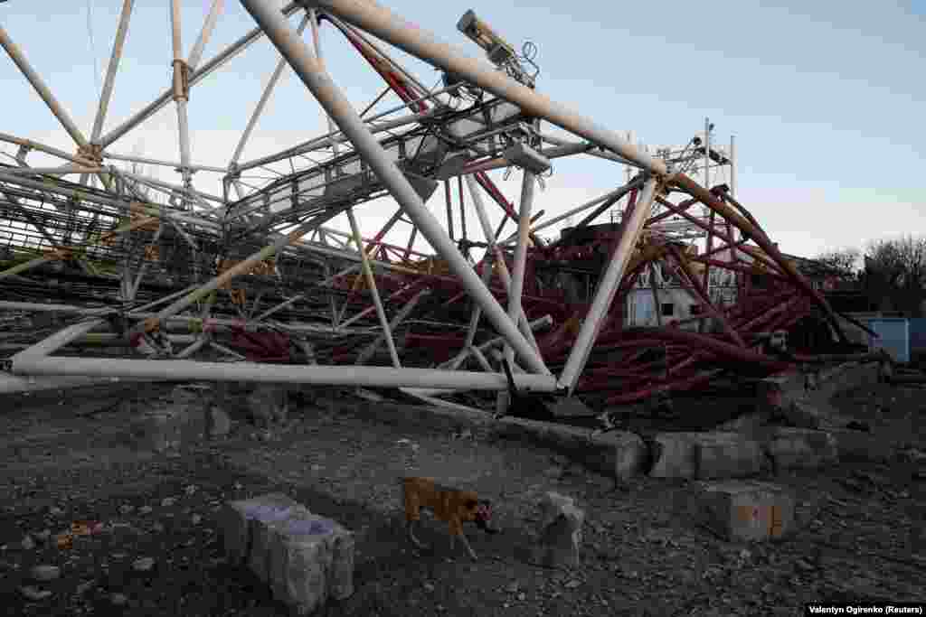 An image shows a destroyed TV center and tower in Kherson on November 14. During a visit to Kherson, Ukrainian President Volodymyr Zelenskiy said the liberation of the city was "the beginning of the end of the war."