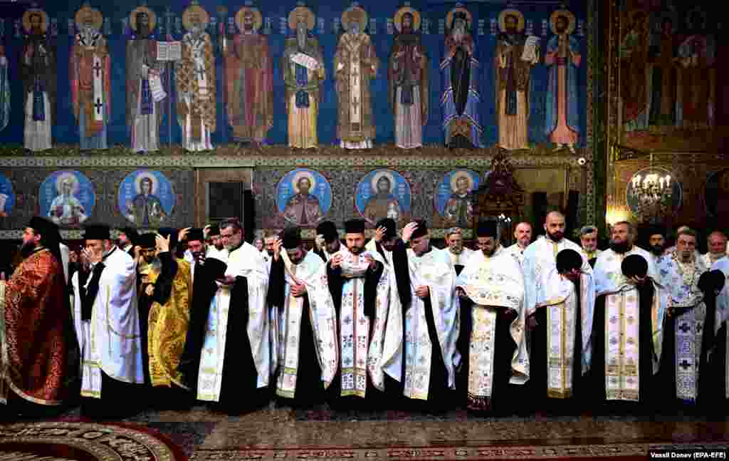 Orthodox priests inside the Sveta Nedelya Church in central Sofia during a ceremony to put the relics on display. 