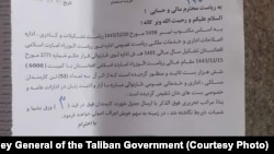 هغه مکتوب چې د طالبانو د لويې څارنوالۍ له ادرس ازادي راډيو سره شريک شوي دي.