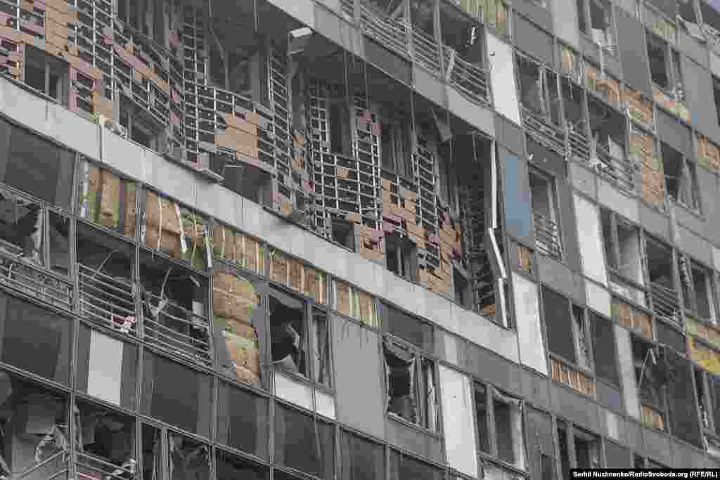 A section of the modern building of the children's hospital which has its windows shattered by the blast. Some parts of the hospital remain out of action.