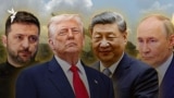 A collage with Ukrainian President Volodymyr Zelenskyy, US President Donald Trump, Chinese leader Xi Jinping, and Russian President Vladimir Putin. 