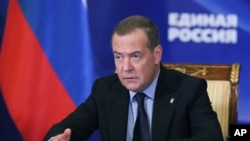 Dmitry Medvedev speaks at a meeting of the United Russia party's program commission via videoconference at the Gorki state residence outside Moscow on November 1, 2024.