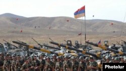 Armenia -- Troops and tanks lined up for a military exercise, 10Aug2004