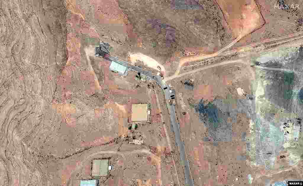 A June 20 satellite image of tunnel entrances to the Isfahan Nuclear Technology Research Center. A new image from June 22 shows damage after the site was hit by US air strikes.