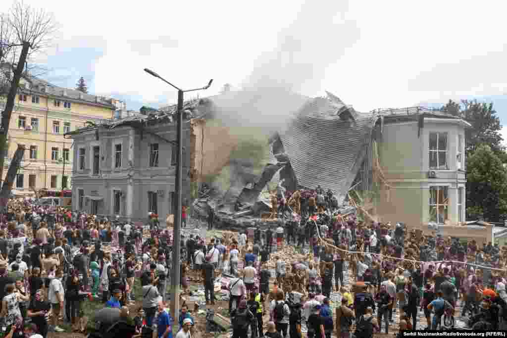 The toxicology building of the Okhmatdyt Children's Hospital which suffered a direct hit from a Russian missile. The photographs were made on July 8, 2024, and one year later.