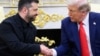 Ukraine President Volodymyr Zelenskyy and US President Donald Trump shake hands during a meeting in the Oval Office of the White House in Washington, D.C., on August 18, 2025. 