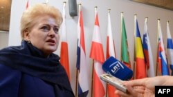 Președinta Lituaniei, Dalia Grybauskaite, adresîndu-se reporterilor la Bruxelles 