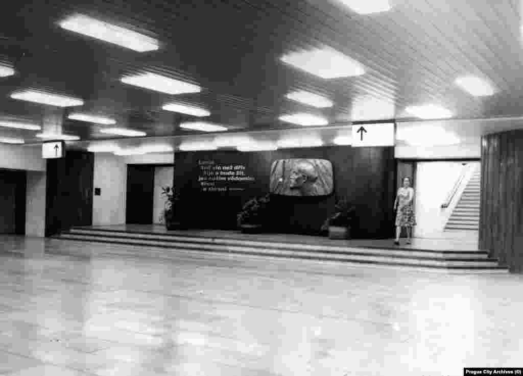 A plaque to Vladimir Lenin inside a metro station that was called Leninova when this 1978 photo was taken. The quote alongside the plaque comes from a propaganda poem: "None are more alive than Lenin in this world. Our strength, our wisdom are the surest of weapons." This plaque reportedly still lurks among the cobwebs and cables behind the newsstand in the station now named Dejvicka. 