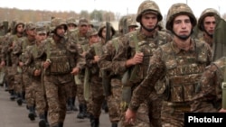 Armenia -- Soldiers march to a military exercise.