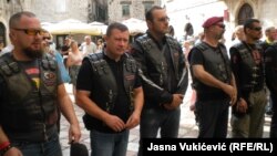 Cossacks and bikers in leather jackets gather in front of St. Nicholas Church in Kotor, Montenegro, where they listened to the liturgy of priest Momcilo Krivokapic.
