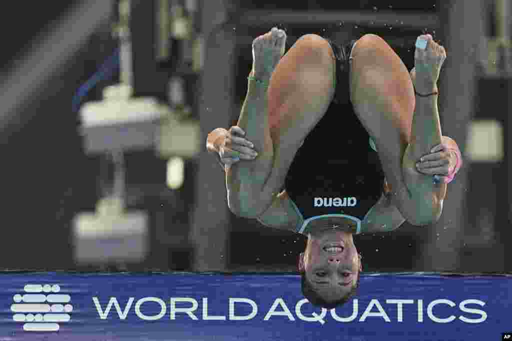 Nicoleta-Angelica Muscalu of Romania competes in the women's 10-meter platform competition at the World Aquatics Championships in Singapore.