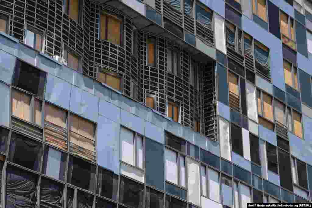 A section of the modern building of the children's hospital which has its windows shattered by the blast. Some parts of the hospital remain out of action.