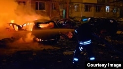 Пожар на месте падения одного из дронов в Харькове