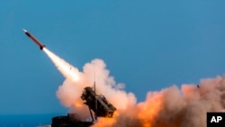 German soldiers fire a Patriot weapons system at a NATO drill in Greece, in November 2017.