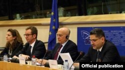 Beglium -- Armenian Prime Minister Tigran Sarkisian (R) addresses the European Parliament's Committee on Foreign Affairs, 16Mar2011.