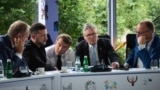 From left: Polish Prime Minister Donald Tusk, Ukrainian President Volodymyr Zelenskyy, French President Emmanuel Macron, UK Prime Minister Keir Starmer, and German Chancellor Friedrich Merz speak with US President Donald Trump by phone from Tirana on May 16.