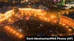 ARMENIA -- Opposition demonstrators gathered on the Republic Square celebrating Armenian Prime Minister's Serzh Sarkisian's resignation in Yerevan, April 23, 2018