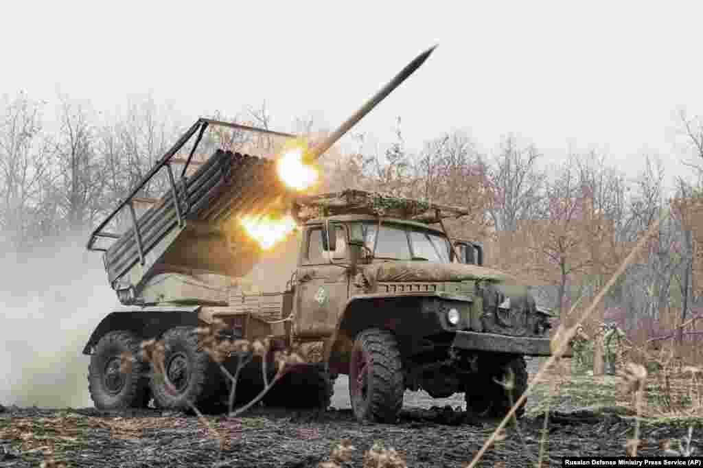 A Russian rocket launcher fires toward positions in Ukraine on March 20. Throughout the ongoing peace talks, fighting along the front line has continued after Russia rejected a full cease-fire.