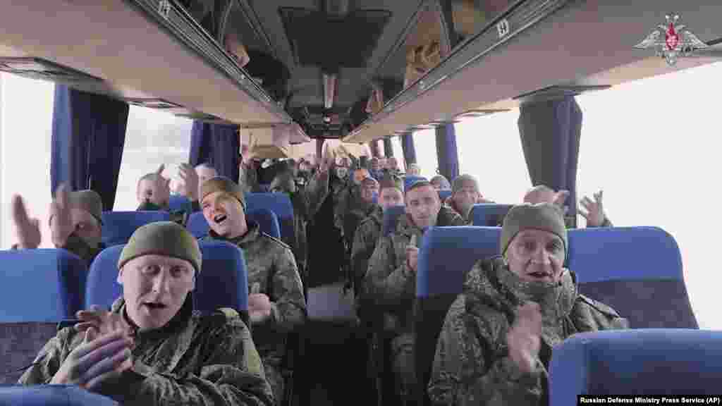 A group of Russian soldiers seen after their release by Ukraine on March 19.