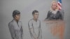 Изображение подсудимых Диаса Кадырбаева (слева) и Азамата Тажаякова во время предварительных судебных слушаний 1 мая в Бостоне. 