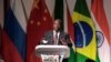 South African President Cyril Ramaphosa addresses delegates at a business forum during the 10th BRICS summit on July 25.