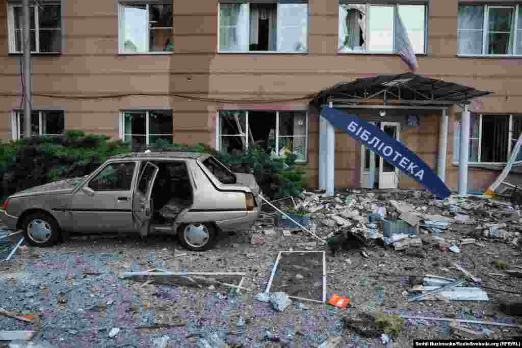 A library entrance in Kyiv on June 6. Russian drones and missiles have repeatedly targeted civilian sites since the 2022 full-scale invasion was launched.