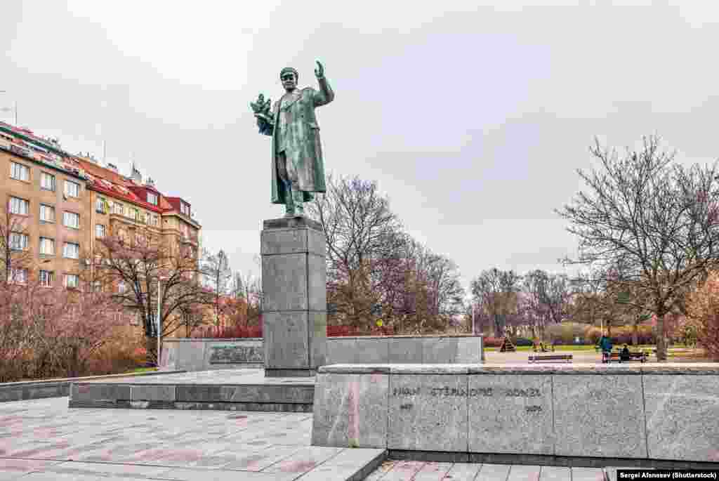 A 2015 photo of a monument to Soviet General Ivan Konev, one of the Red Army generals who led Soviet troops into Nazi-occupied Prague in May 1945 The monument was controversial, largely due to Konev's later role in crushing the 1956 Hungarian Revolution, and was repeatedly vandalized. The statue was removed in April 2020. 